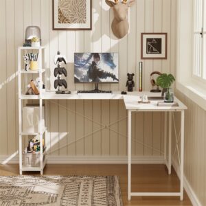 Rohový počítačový stôl s policami a knižnicou, biely, industriálny loftový štýl, 144 cm