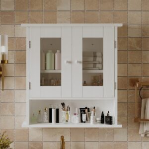 Biela nástenná kúpeľňová skrinka s 2 sklenenými dvierkami, policami, 58 cm