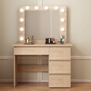 Hnedý kozmetický toaletný stolík s LED diódami so zrkadlom a 4 zásuvkami, priestranný do spálne