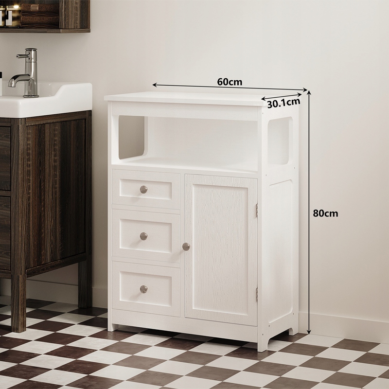 SZAFKA-LAZIENKOWA-Z-3-SZUFLADAMI-BIALA-STOJACA-DO-LAZIENKI-LOFT-POLKI-DRZWI-Wysokosc-mebla-80-cm