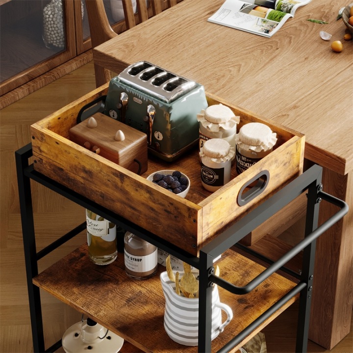 WOZEK-KUCHENNY-ZDEJMOWANA-TACA-BRAZOWY-VINTAGE-RETRO-LOFT-NA-KOLKACH-86-CM-Stan-opakowania-oryginalne