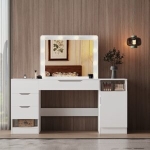 Veľký kozmetický toaletný stolík s LED zrkadlom, biely, so zásuvkami na kozmetiku, štýl loft