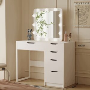 Biely kozmetický stolík so zrkadlom LED, 5 zásuviek, 100 cm